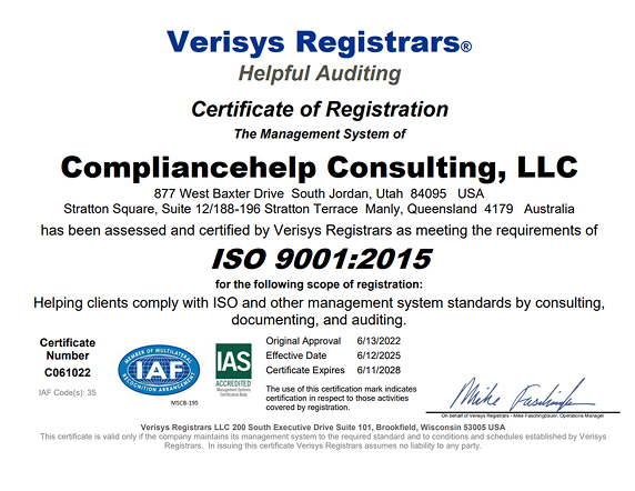 Compliancehelp Consulting,LLC Certificatate